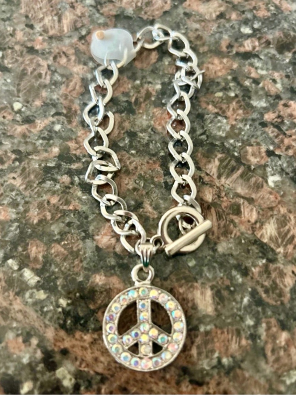 Silver Tone Peace Sign Charm Toggle Bracelet Iridescent Stones Women Jewelry